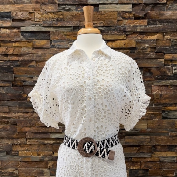 DX Collection Eyelet Button Down Dress Made in Italy White Latte NWT Size Small - Picture 1 of 10
